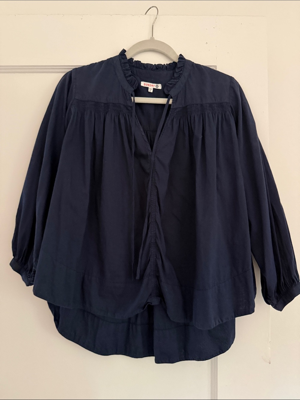 Sundry Navy Ruffled Collar Tie-Front Blouse